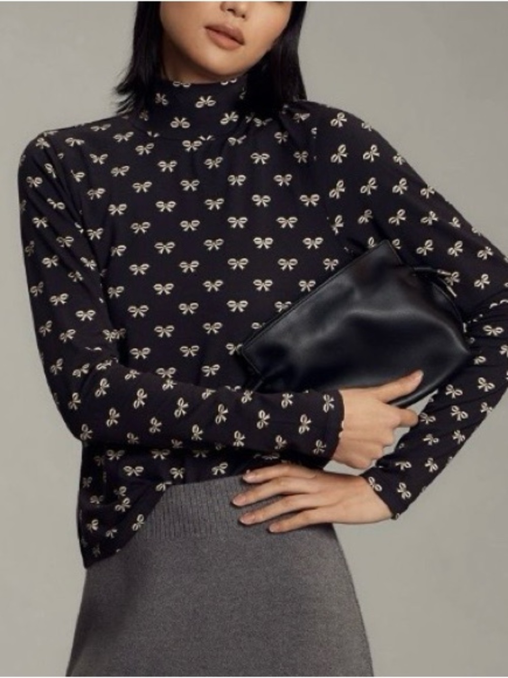 Anthropologie Maeve Printed Long Sleeve Turtleneck Top in Bow Print.